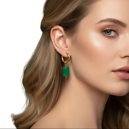 Gold Hoop Earrings with Green Aventurine Drop
