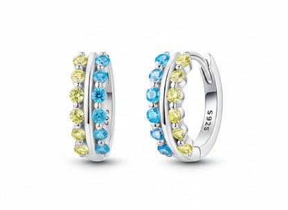Silver Hoop Earrings Blue & Yellow Cubic Zirconia
