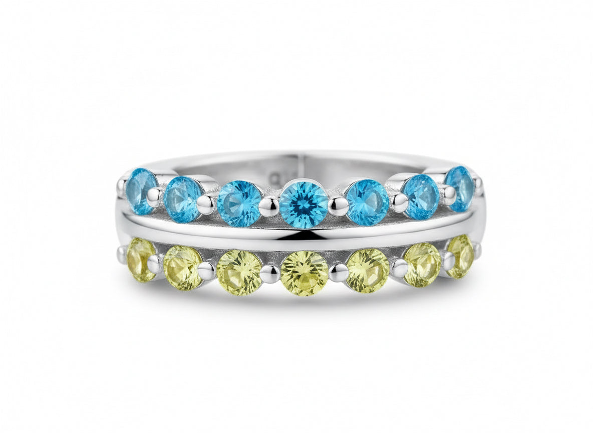 Silver Hoop Earrings Blue & Yellow Cubic Zirconia