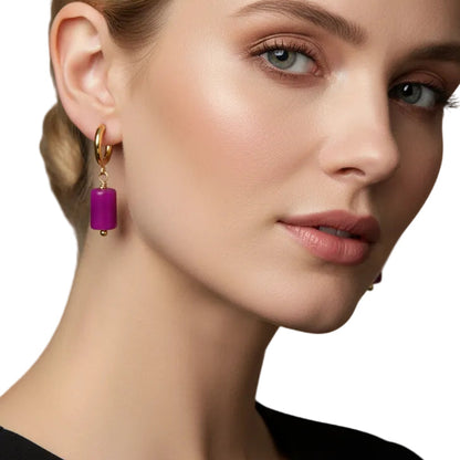 Gold Hoop Earrings Fuchsia Agate Drop