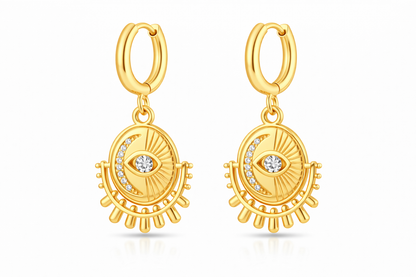 Gold Evil Eye Medallion Hoop Earrings
