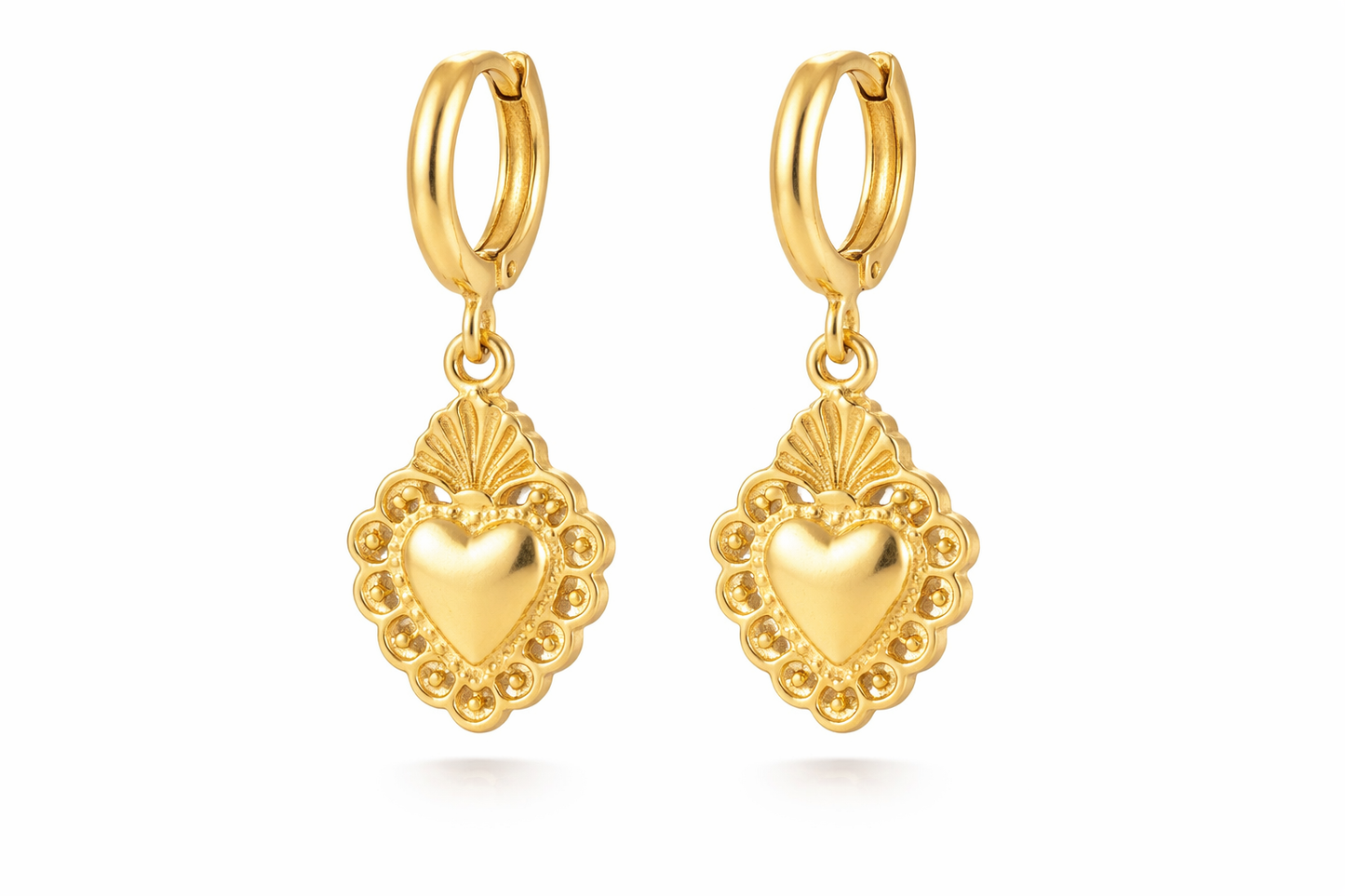 Gold Heart Medallion Hoop Earrings