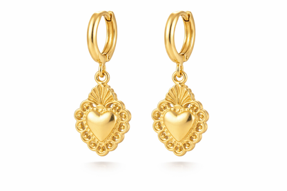 Gold Heart Medallion Hoop Earrings
