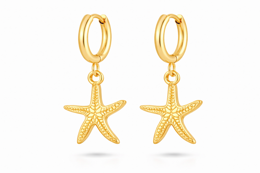 Gold Starfish Charm Hoop Earrings