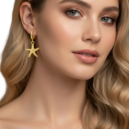 Gold Starfish Charm Hoop Earrings