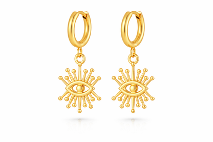 Gold Crown Eye Charm Hoop Earrings