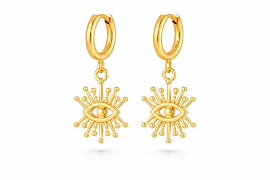 Gold Crown Eye Charm Hoop Earrings