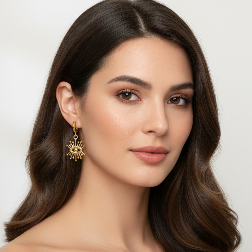 Gold Crown Eye Charm Hoop Earrings