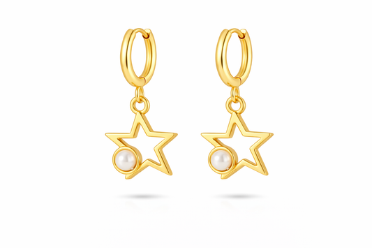 Gold Star & Pearl Hoop Earrings