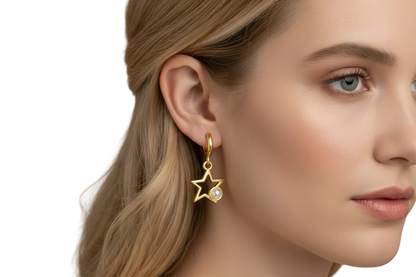Gold Star & Pearl Hoop Earrings