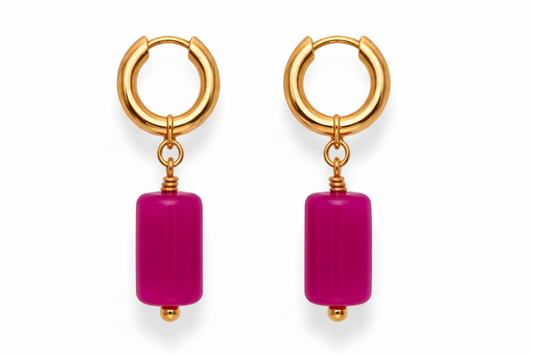 Gold Hoop Earrings Fuchsia Agate Drop