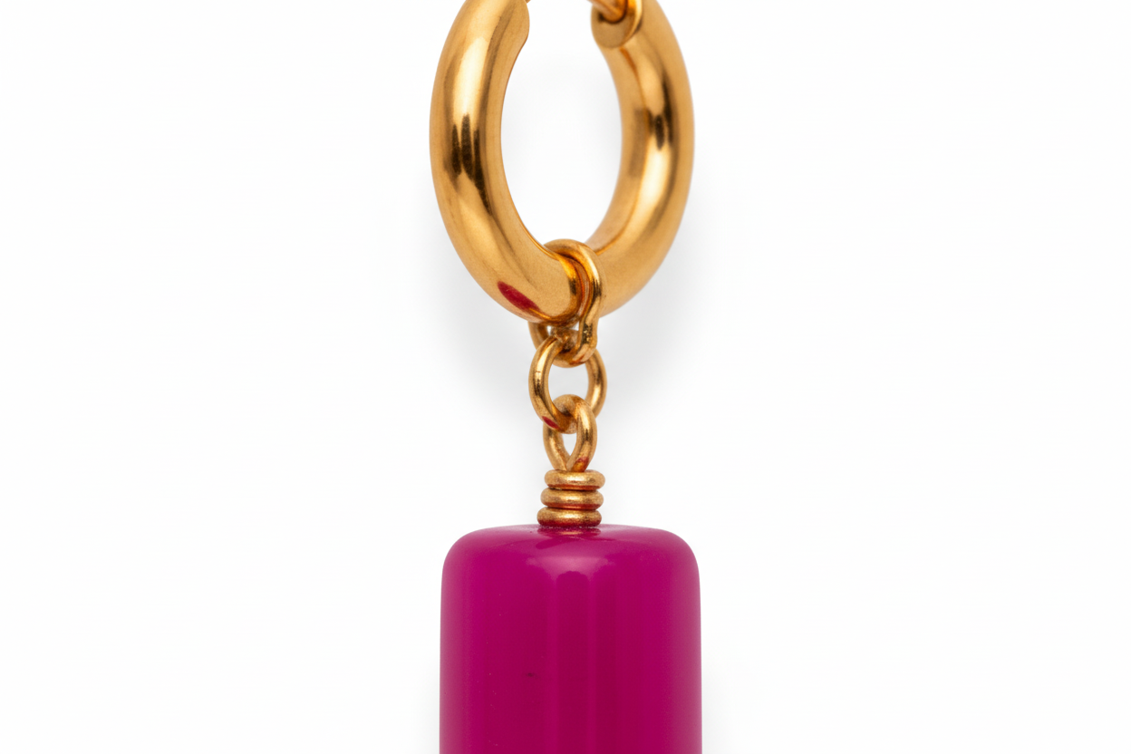 Gold Hoop Earrings Fuchsia Agate Drop
