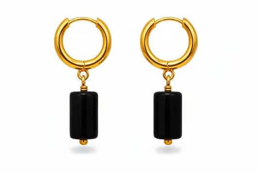 Gold Hoop Earrings with Obsidian Drop