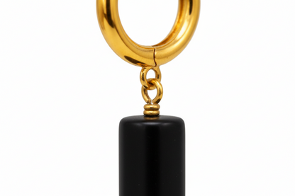 Gold Hoop Earrings with Obsidian Drop