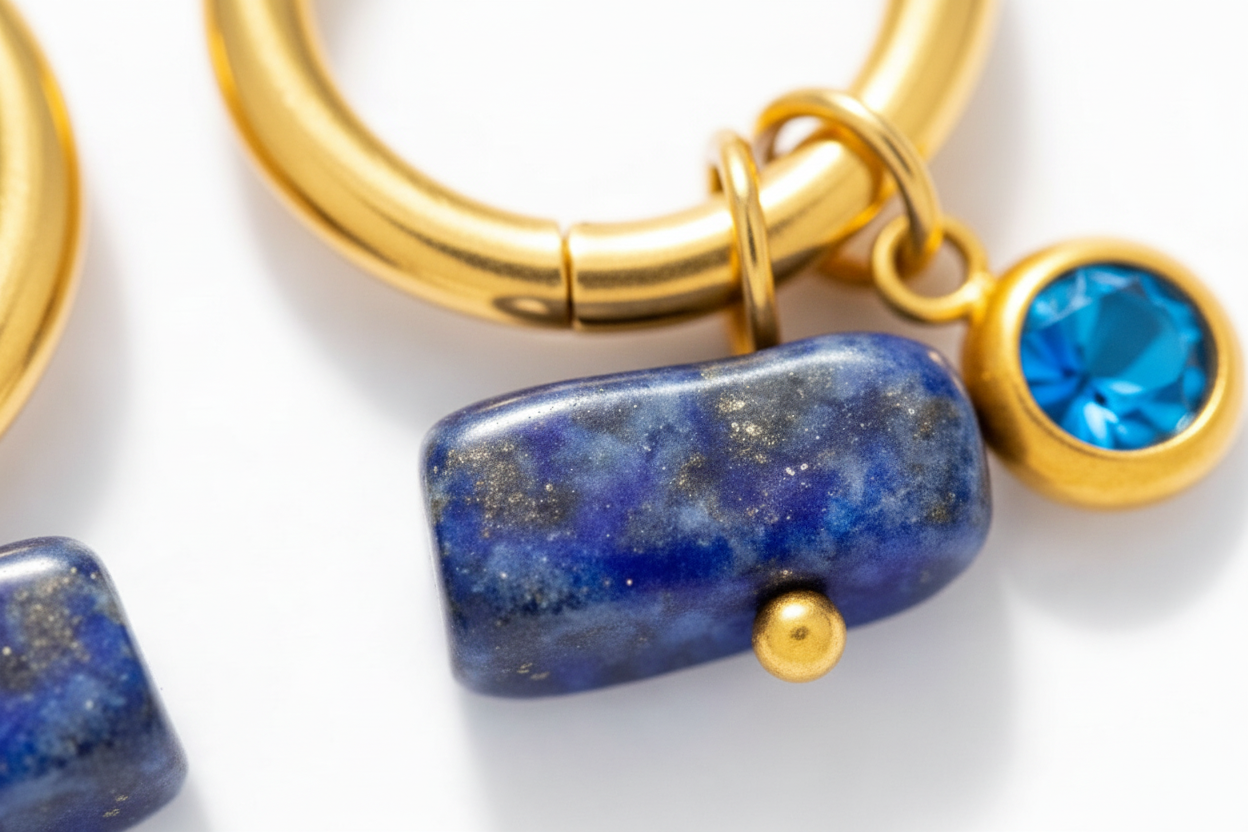 Gold Lapis Lazuli Charm Huggie Earrings
