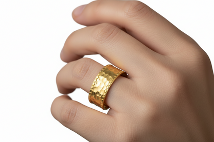 Gold Wide Band Hammered Ring