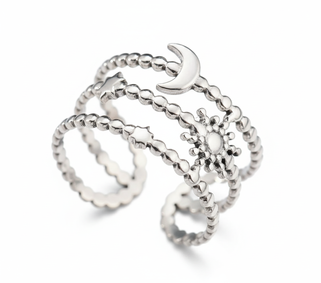 Silver Celestial Star & Moon  Ring